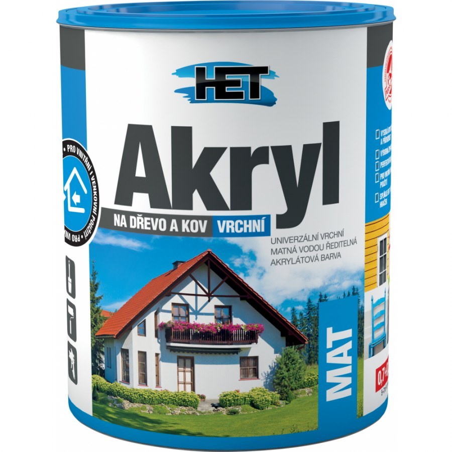 Akryl MAT 0,7kg bílý 0100 HET - Barvy, laky a chemie Barvy, laky, spreje Nátěry na kov, dřevo Vodouředitelné