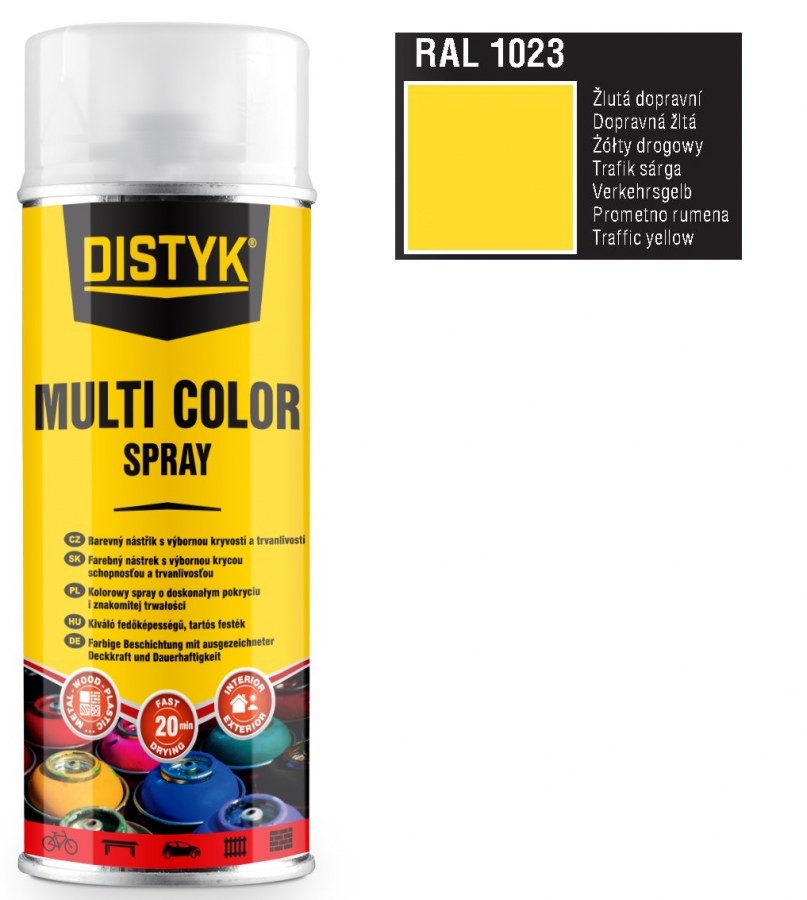 Barva multi color spray DISTYK 400ml RAL1023 dopravní žlutá - Barvy, laky a chemie Na dřevo a kov
