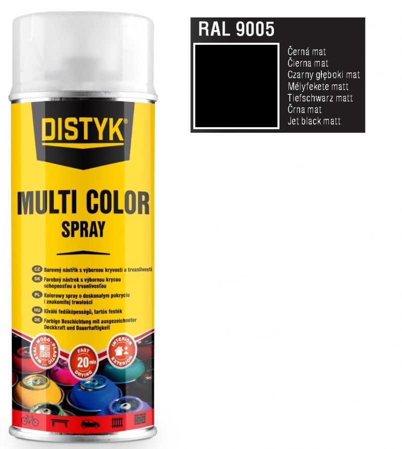 Barva multi color spray DISTYK 400ml RAL9005 černá matná - Barvy, laky a chemie Na dřevo a kov
