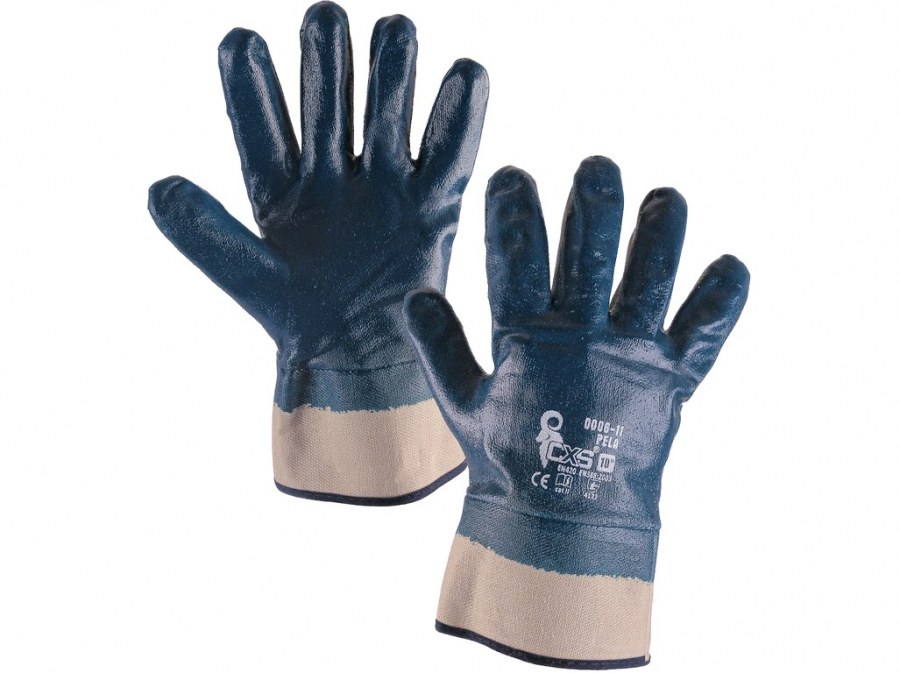 Rukavice PELA vel.10 bavlněné celomáčené v modrém nitrilu - Ochranné pomůcky, rukavice, oděvy Rukavice Pracovní
