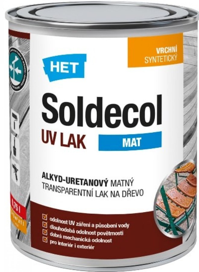 HET- lak SOLDECOL UV mat 0,75l HET - Barvy, laky a chemie Barvy, laky, spreje Nátěry na kov, dřevo Syntetické