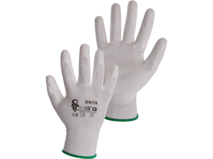 Rukavice BRITA vel.10 z nylonu máčené v PU bílé - Ochranné pomůcky, rukavice, oděvy Rukavice Pracovní