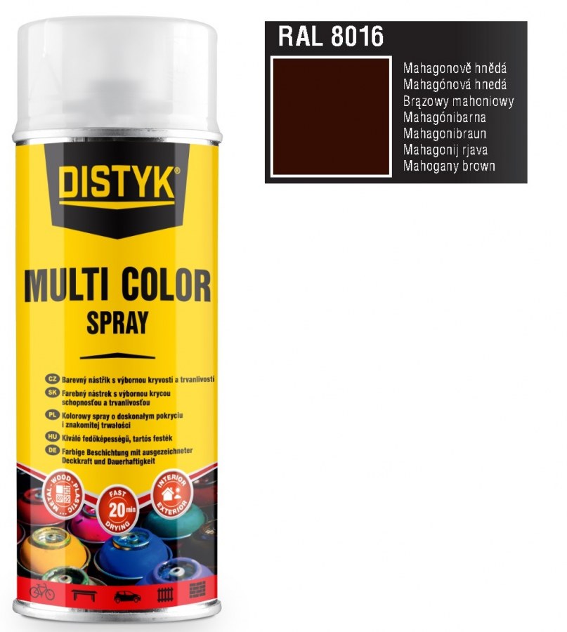 Barva multi color spray DISTYK 400ml RAL8016 mahagonově hnědá - Barvy, laky a chemie Barvy, laky, spreje Spreje Barva ve spreji
